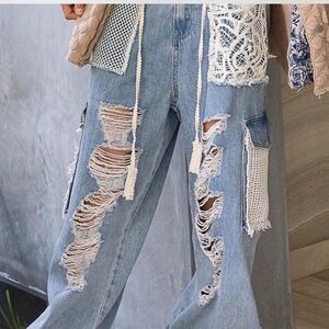 POL denim joggers with patchwork and lace